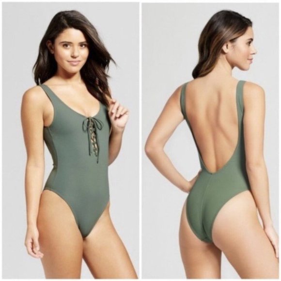 Xhilaration Other - NWT Xhilaration Olive Green Ribbed Tie Front One Piece Swimsuit